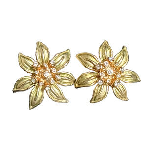 Rare Ann Hand Stud Earrings Flower With Rhinestone Accents Gold Tone 1"